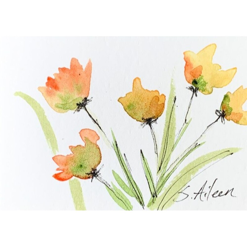 ACEO Painting Loose Watercolor Flowers Bouquet Green Leaves Botanical III Signed